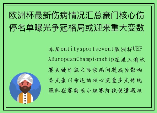 欧洲杯最新伤病情况汇总豪门核心伤停名单曝光争冠格局或迎来重大变数 欧洲杯最新伤病情况汇总豪门核心伤停名单曝光争冠格局或迎来重大变数